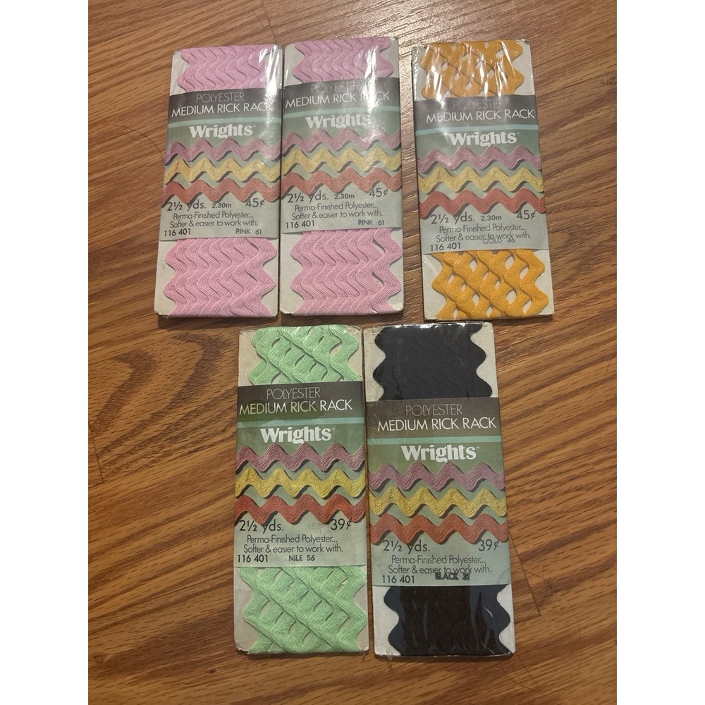 Vintage Wrights Rick Rack Trim Lot 5pc Pink Green Gold Black 2.5 Yds NOS
